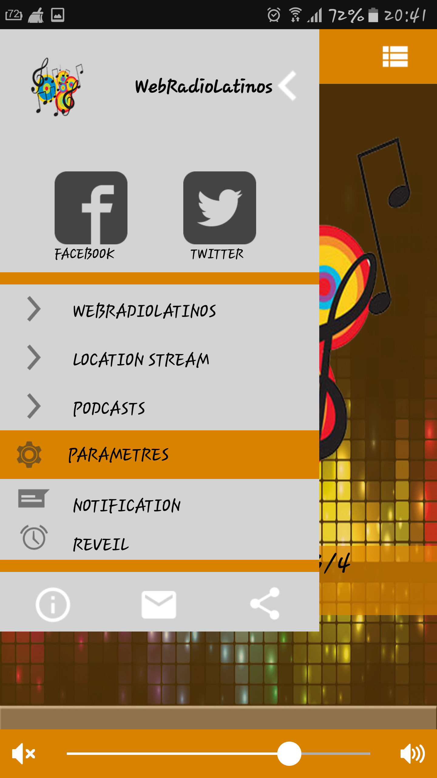 Application webradio Android Iphone menu liens Facebook Twitter siteweb