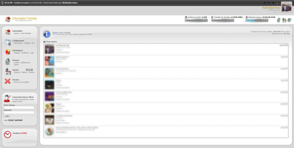 panneau administration webradio interface internet